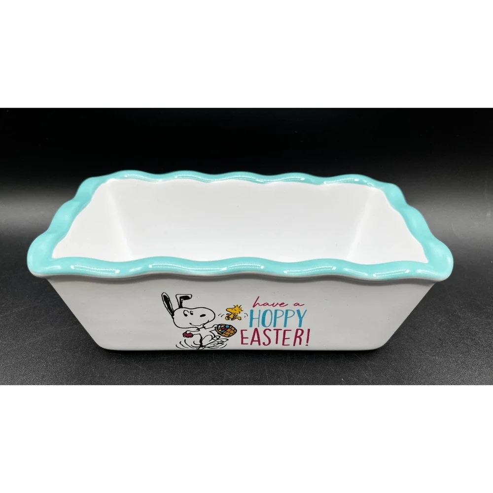 Peanuts Snoopy Woodstock Hoppy Easter Ceramic Loaf Pan Scalloped Teal Rim 6x3
